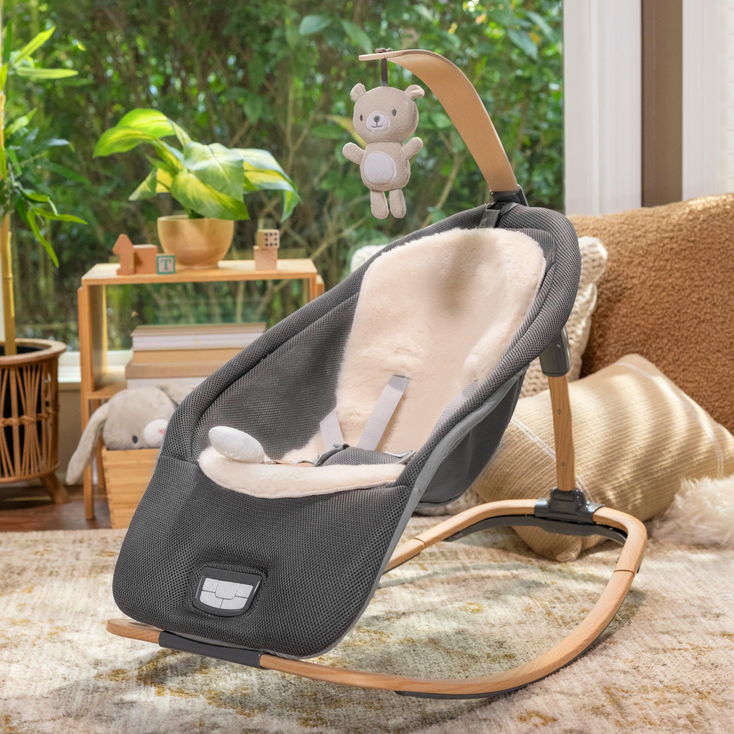 Ingenuity Every Season 2-in-1 Baby Rocker & Seat - Cooling and Warming Fabrics, Detachable Sustainable Wooden Activity Bar, Music, Vibration, for Ages 0-30 Months, Wesley (Grey) - Image 12